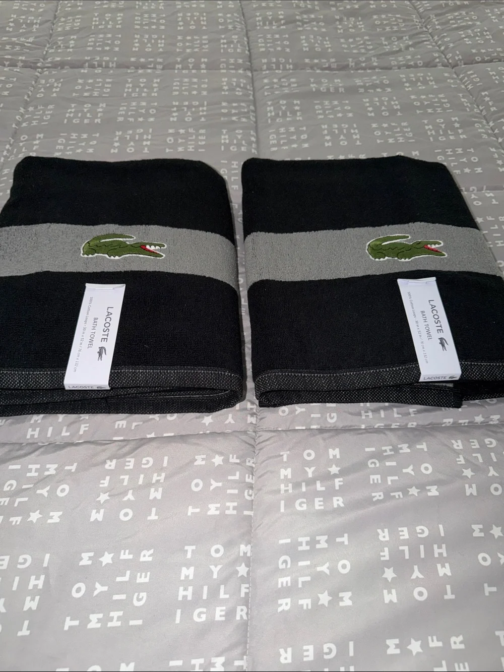 Lacoste Black & Gray Towels with Green Croc Embroidery - Pair